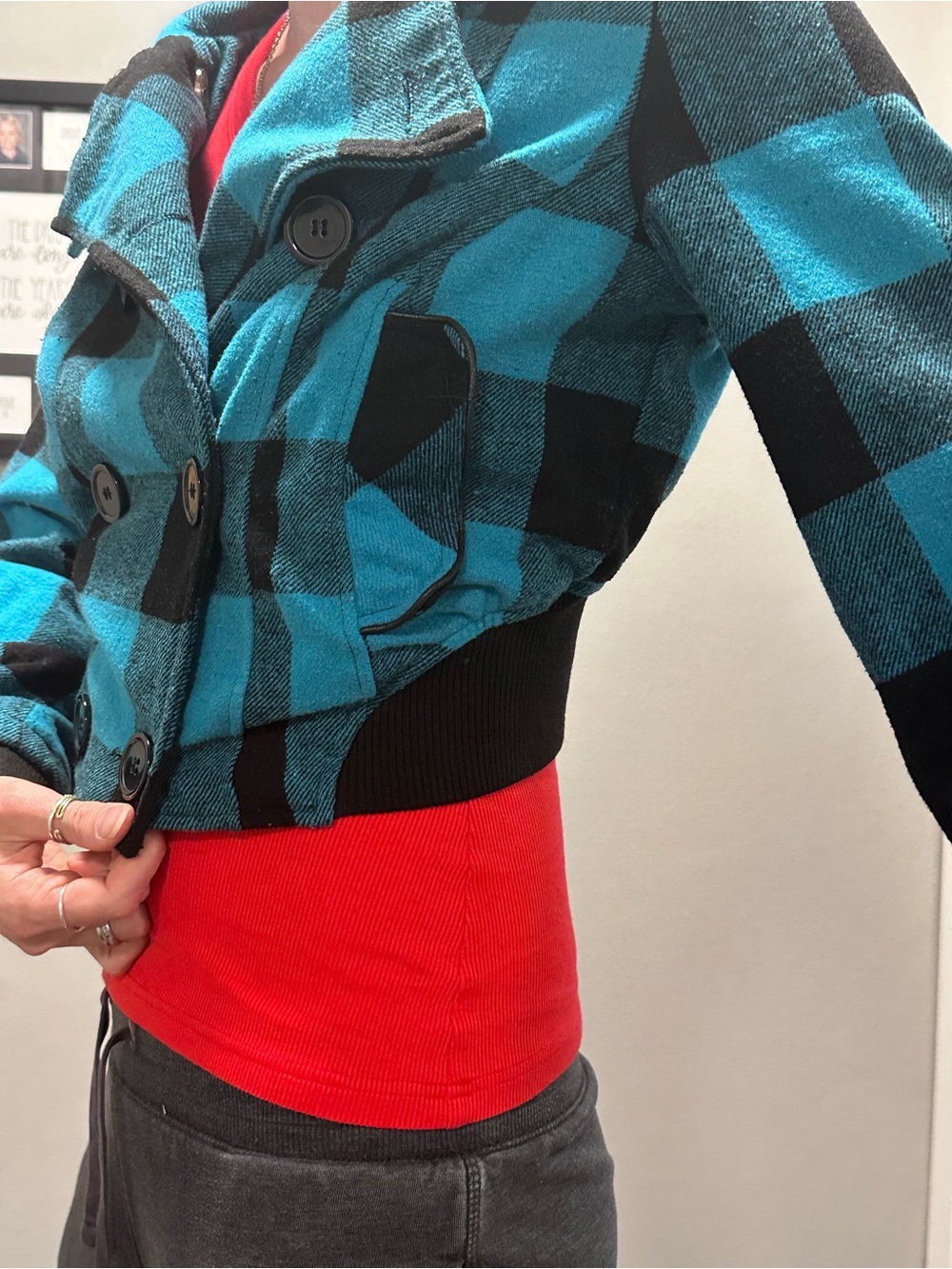 Paris Blues Teal and Black Plaid Cropped Pea Coat